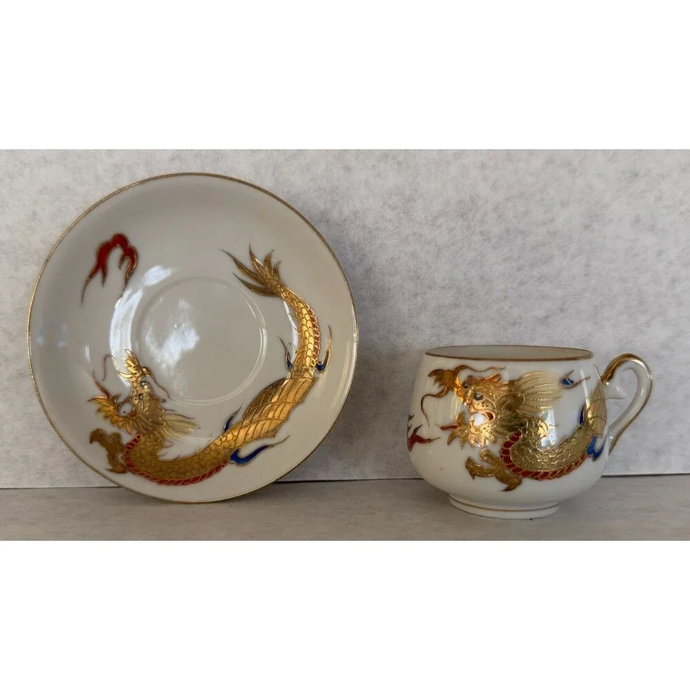 Dragonware Moriage Demitasse Cup & Saucer, Hand Painted Geisha Lithophane